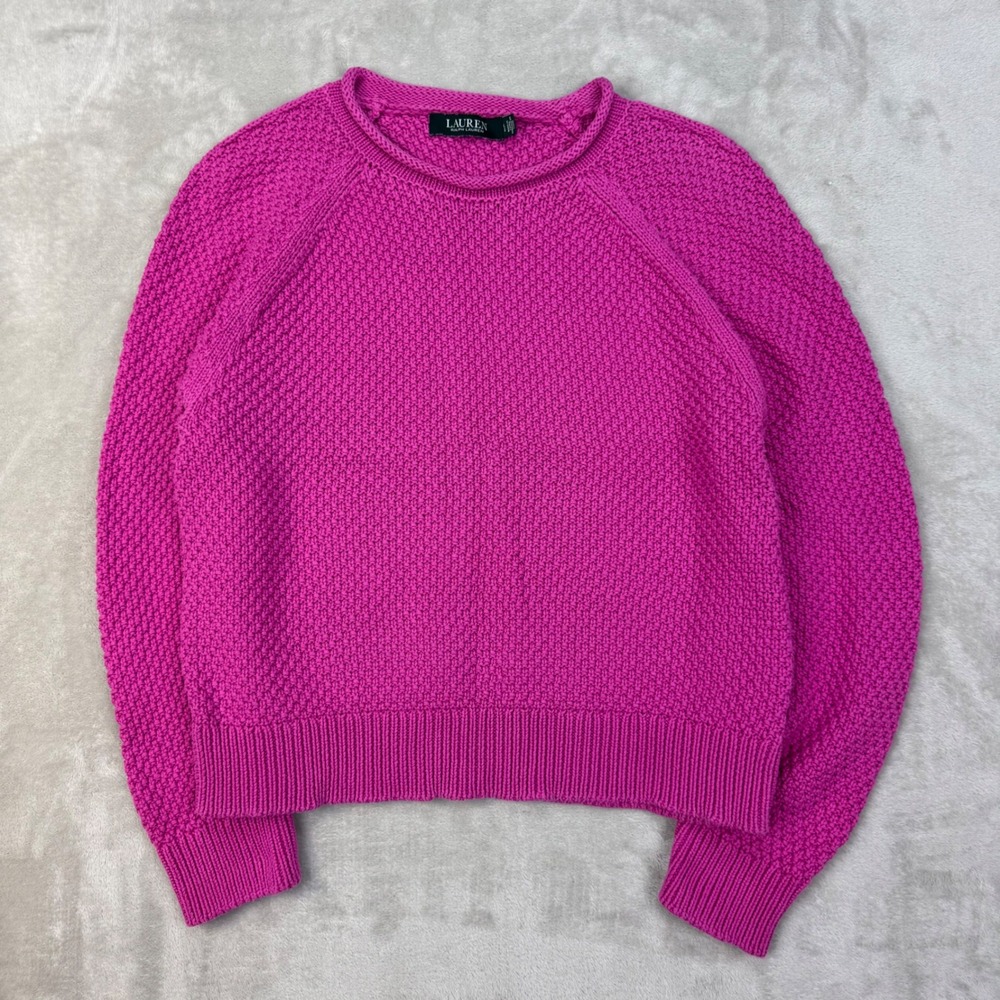 Ralph Lauren Womens Size L Pink Textured Roll Neck Knit Cropped Sweater Cotton
